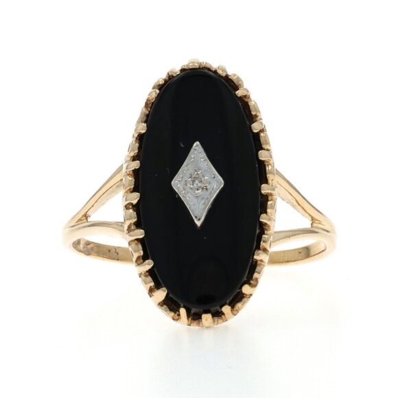 Yellow Gold Diamond Onyx Ring - 10k Single - Picture 1 of 6